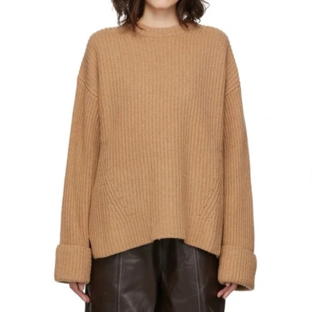 GANNI Recycled Wool Pullover Ribbed Crewneck Sweater Camel S